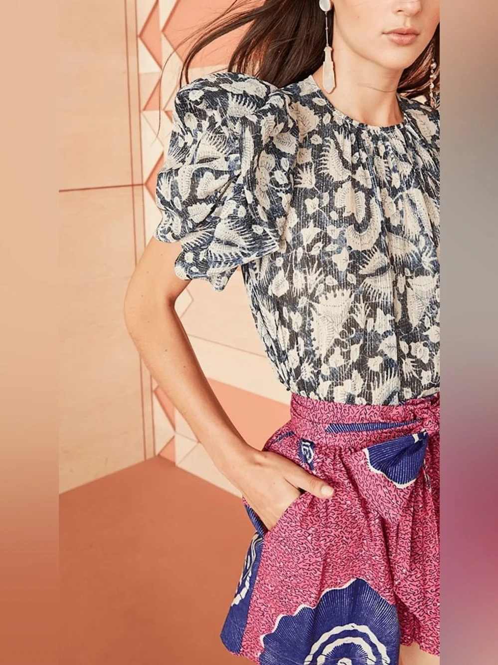 Ulla Johnson‎ Nova Top Indigo Batik Floral Metallic Puff Sleeve Blouse Size 0